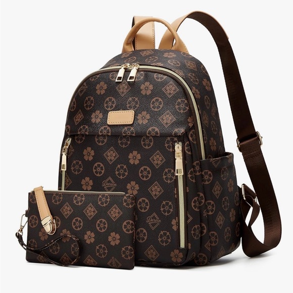 Handbags - Elegant Brown Patterned Women's Backpack Set